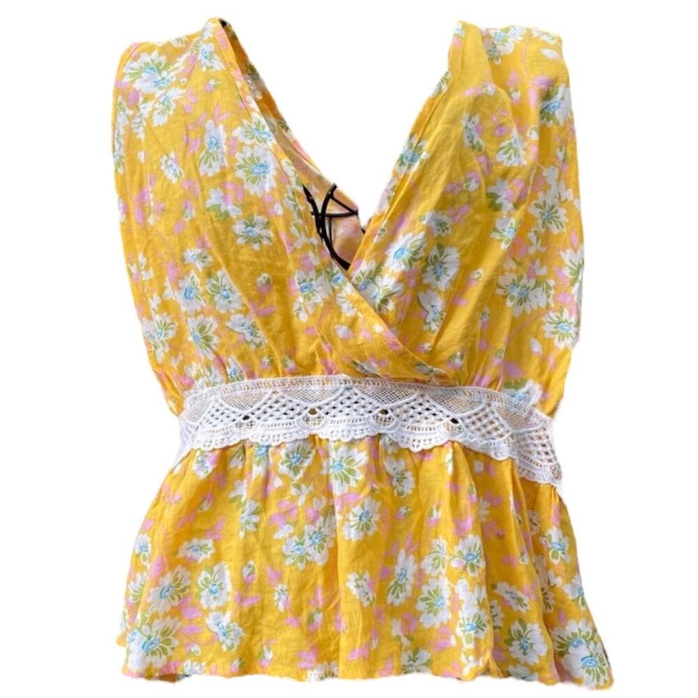 RACHEL ZOE Top Size Large Yellow Pink Floral Print Deep V Neckline Tie Back NEW